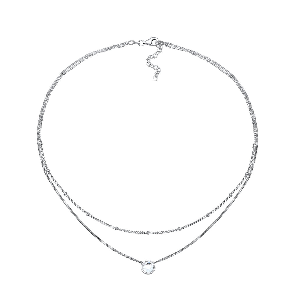 Silber - Elli | Layer-Choker Solitär Anhänger | Kristall (Weiß) | 925er Sterling Silber