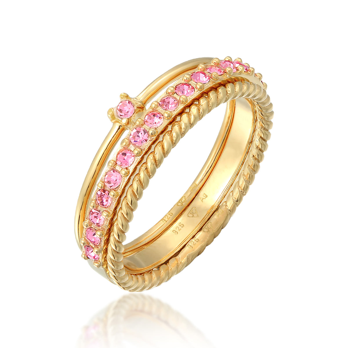 Gold - Elli | Ring 3er Set | Mit Kristallen von Swarovski® (Rosa) | 925er Sterling Silber