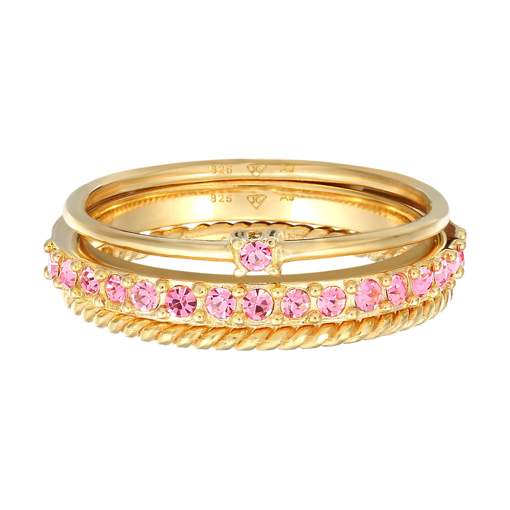 Gold - Elli | Ring 3er Set | Mit Kristallen von Swarovski® (Rosa) | 925er Sterling Silber