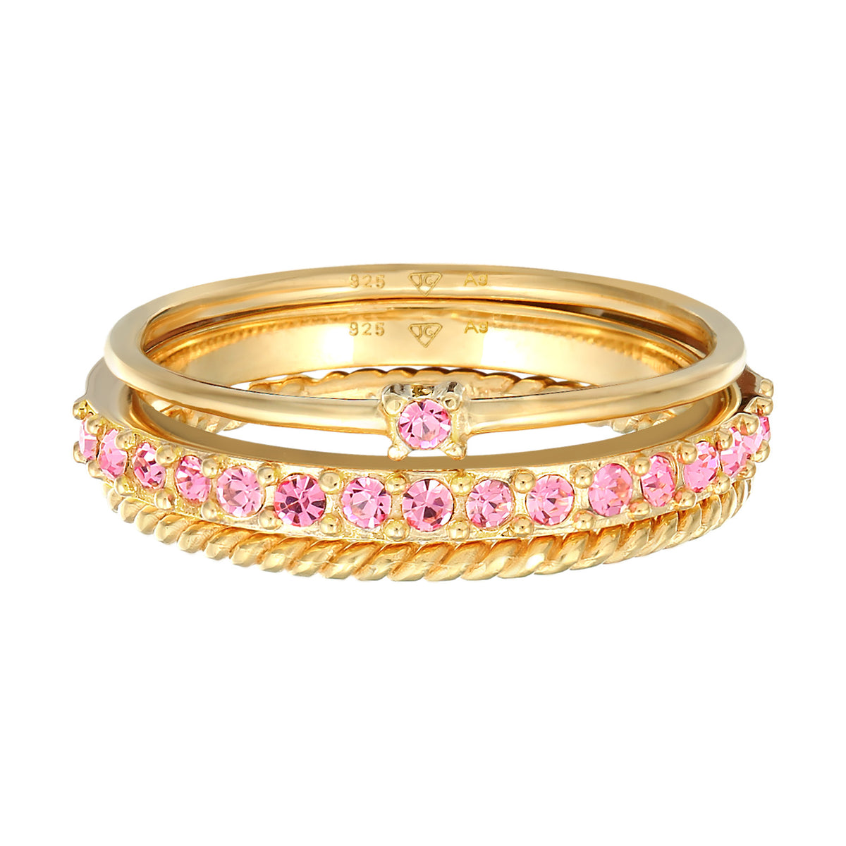 Gold - Elli | Ring 3er Set | Mit Kristallen von Swarovski® (Rosa) | 925er Sterling Silber
