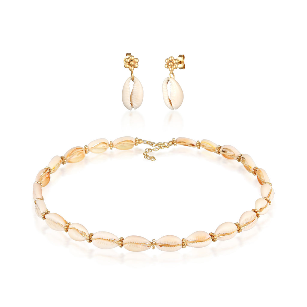 Gold - Elli | Schmuckset Blumen Beads | Kauri Muscheln | 925er Sterling Silber vergoldet