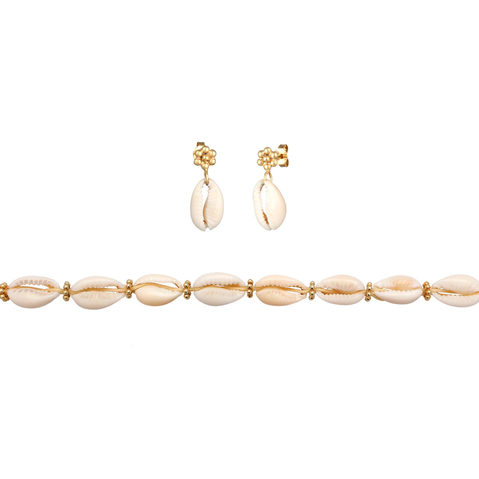 Gold - Elli | Schmuckset Blumen Beads | Kauri Muscheln | 925er Sterling Silber vergoldet