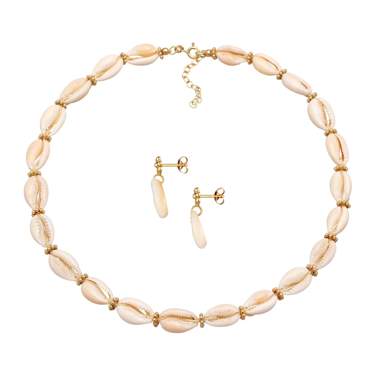 Gold - Elli | Schmuckset Blumen Beads | Kauri Muscheln | 925er Sterling Silber vergoldet
