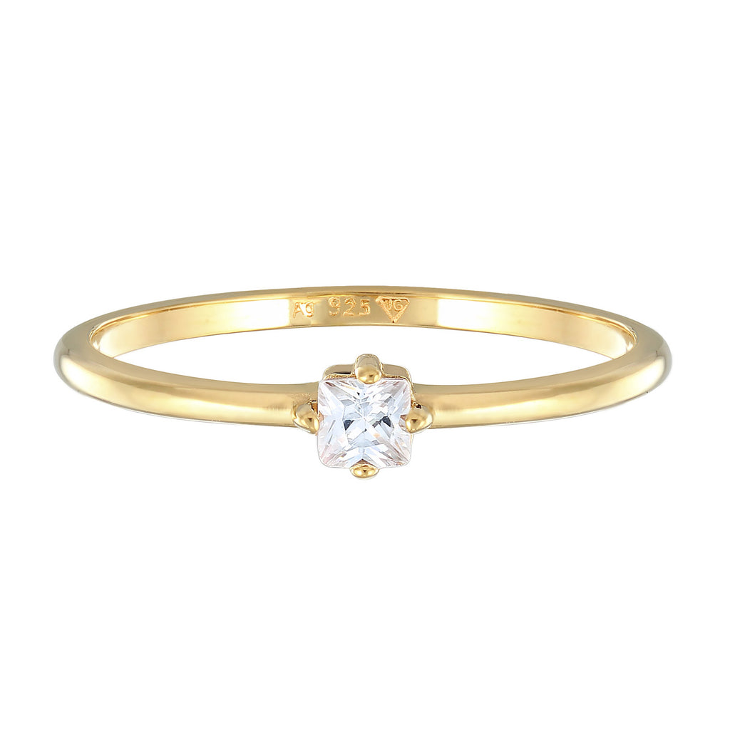 Gold - Elli | Solitär-Ring | Zirkonia Kristall (Weiß) | 925 Sterling Silber vergoldet