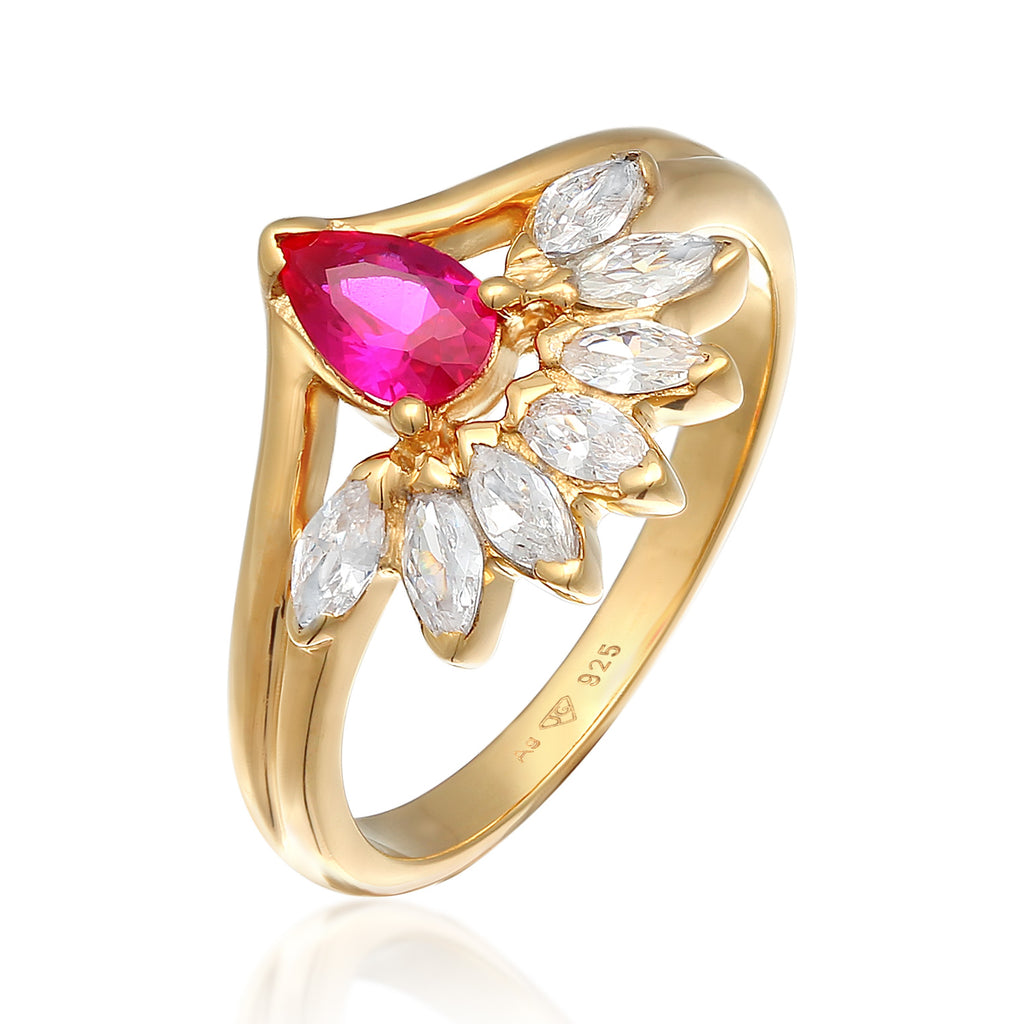 Gold - Elli | Ring Glamourös | Zirkonia, synth. Rubin (Weiß, Pink) | 925er Sterling Silber vergoldet