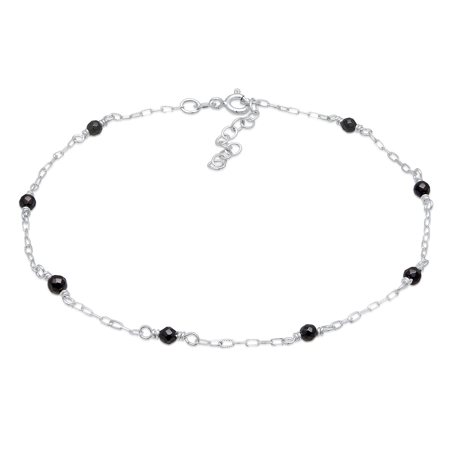Silber - Elli | Fußkettchen Beads | Onyx Perlen (Schwarz) | 925er Sterling Silber