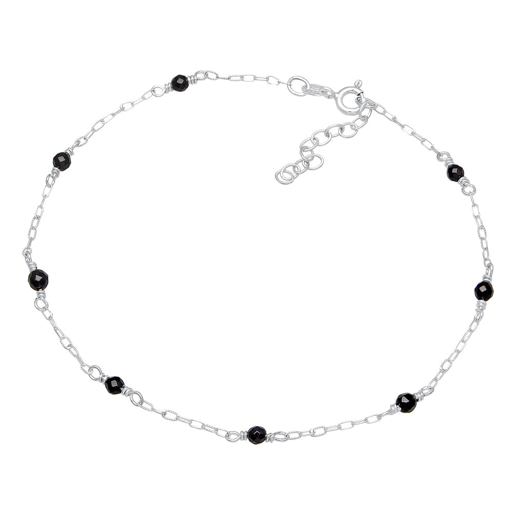 Silber - Elli | Fußkettchen Beads | Onyx Perlen (Schwarz) | 925er Sterling Silber