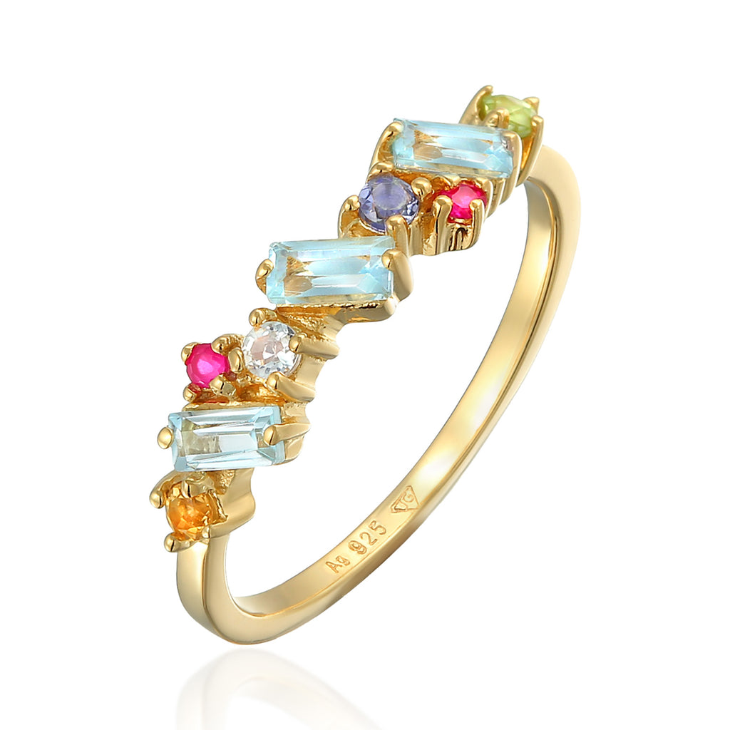 Gold - Elli PREMIUM | Ring Glamourös | Peridot, Topas, Mondstein (Bunt) | 925er Sterling Silber vergoldet