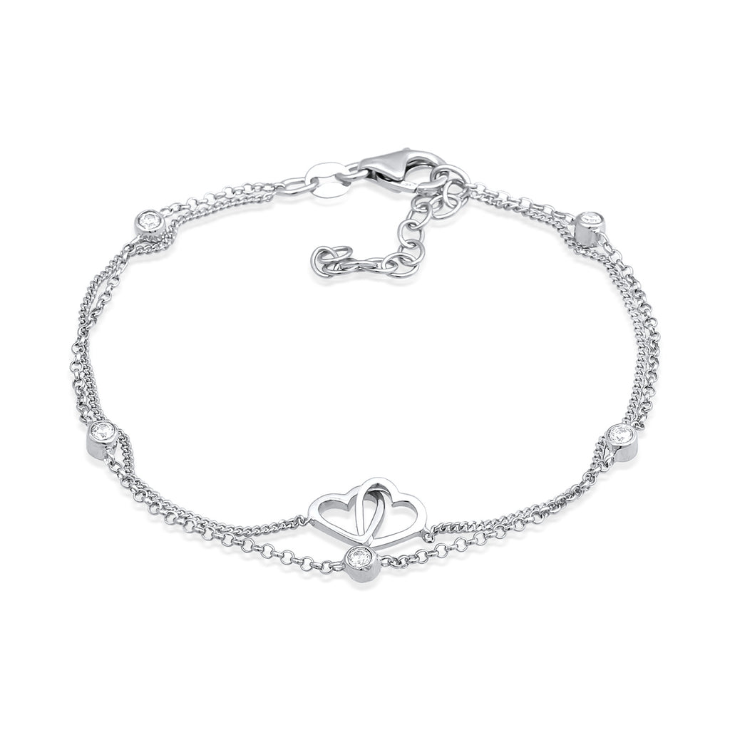Silber - Elli | Layer-Armband Herz | Zirkonia (Weiß) | 925er Sterling Silber