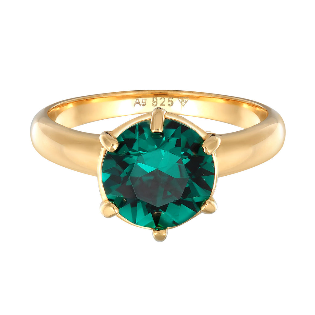 Gold - Elli | Solitär-Ring Elegant | Mit Kristallen von Swarovski® (Grün) | 925er Sterling Silber vergoldet