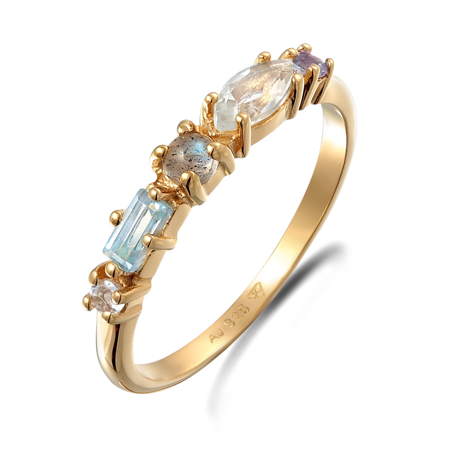 Gold - Elli PREMIUM | Memoire Ring | Amethyst (Hellgrün), Topas (Hellblau), Tansanit (Lila) | 925er Sterling Silber Vergoldet