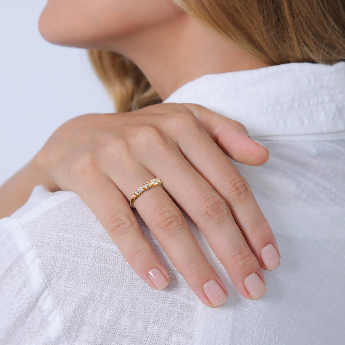 Gold - Elli PREMIUM | Memoire Ring | Amethyst (Hellgrün), Topas (Hellblau), Tansanit (Lila) | 925er Sterling Silber Vergoldet