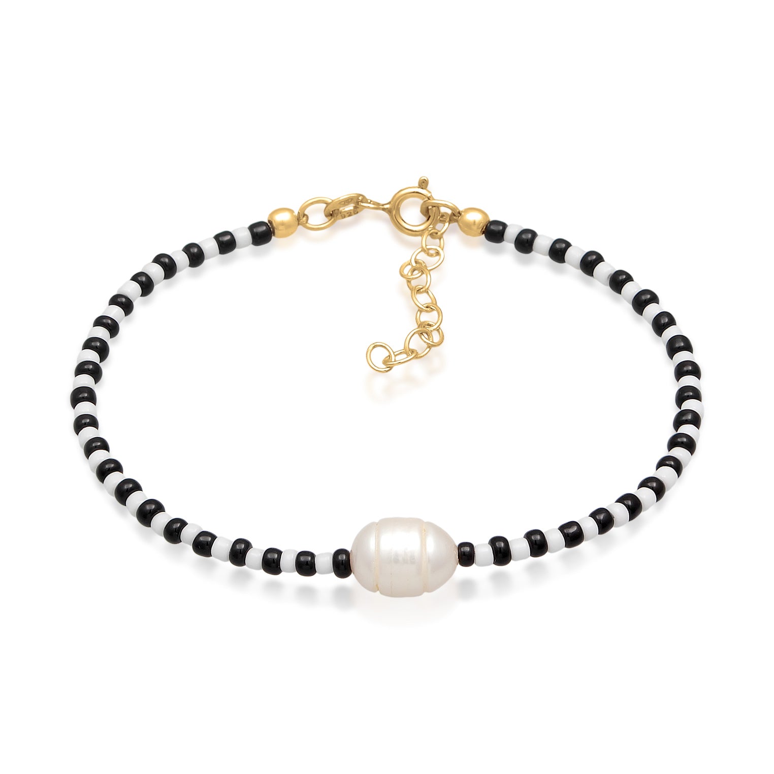 Gold - Elli | Armband Beads Schwarz-Weiß | Süßwasserzuchtperle | 925er Sterling Silber vergoldet