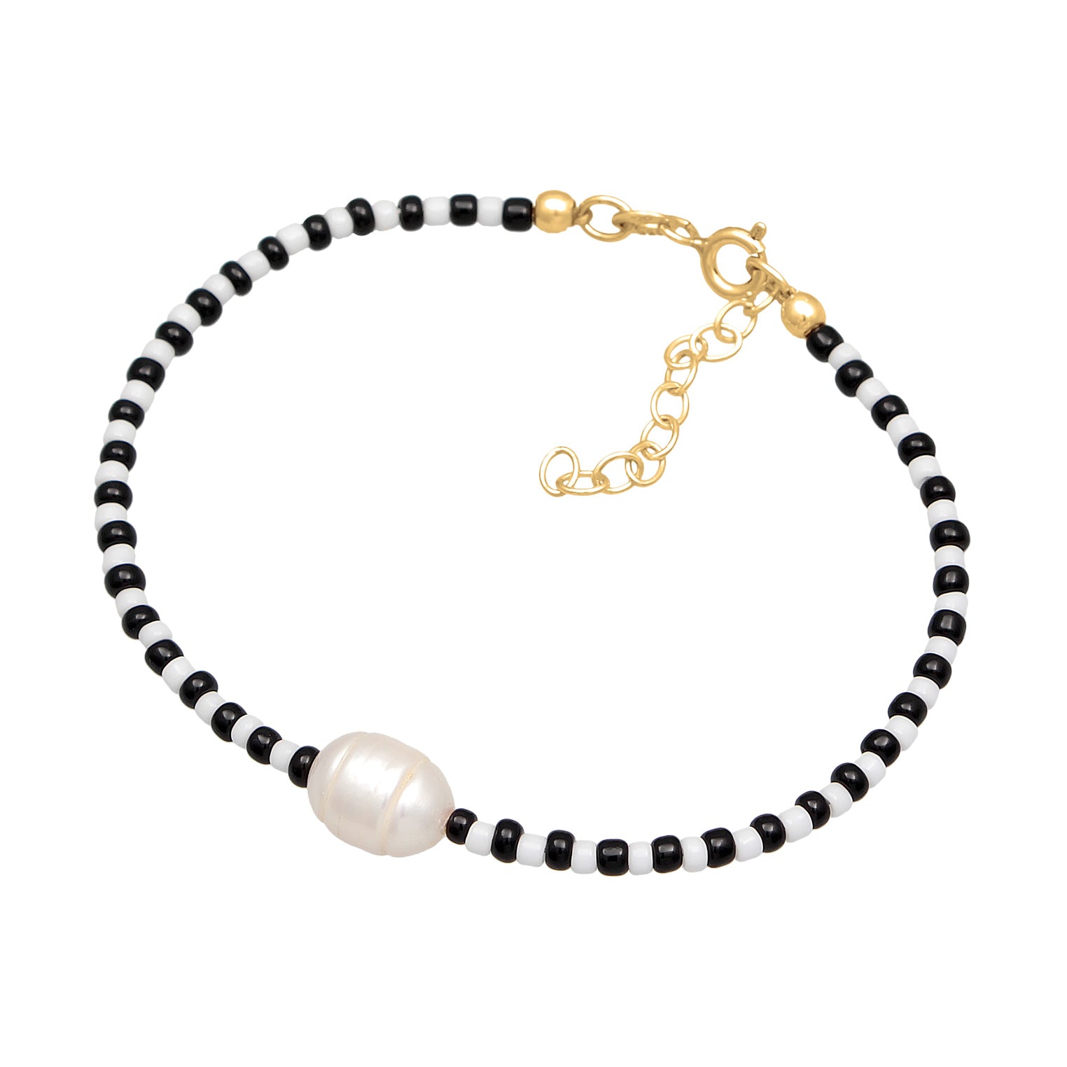 Gold - Elli | Armband Beads Schwarz-Weiß | Süßwasserzuchtperle | 925er Sterling Silber vergoldet