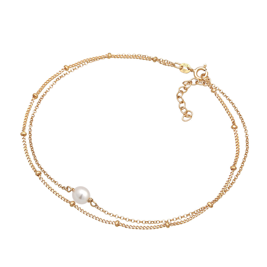 Gold - Elli | Layer-Fußkettchen | Muschelkernperle | 925er Sterling Silber vergoldet