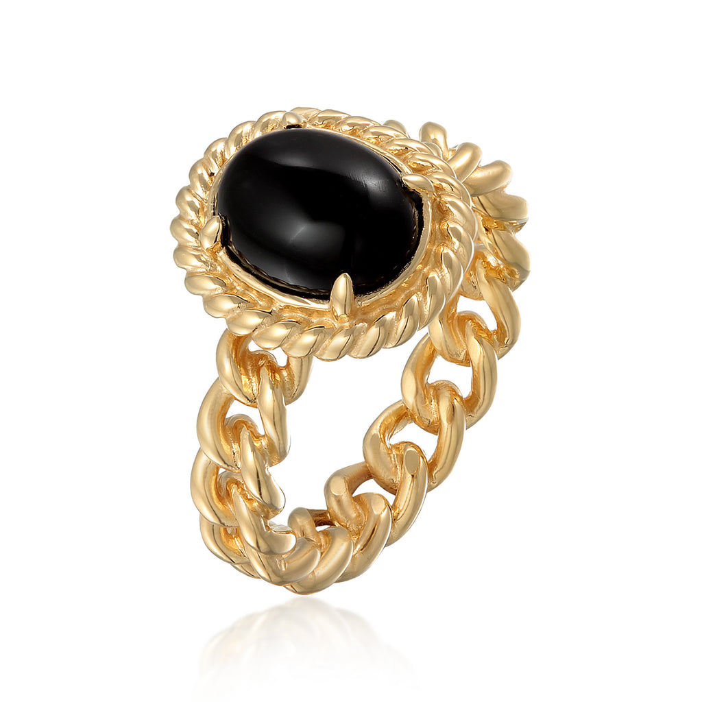 Gold - Elli PREMIUM | Solitär-Ring Chain Look | Onyx (Schwarz) | 925er Sterling Silber vergoldet