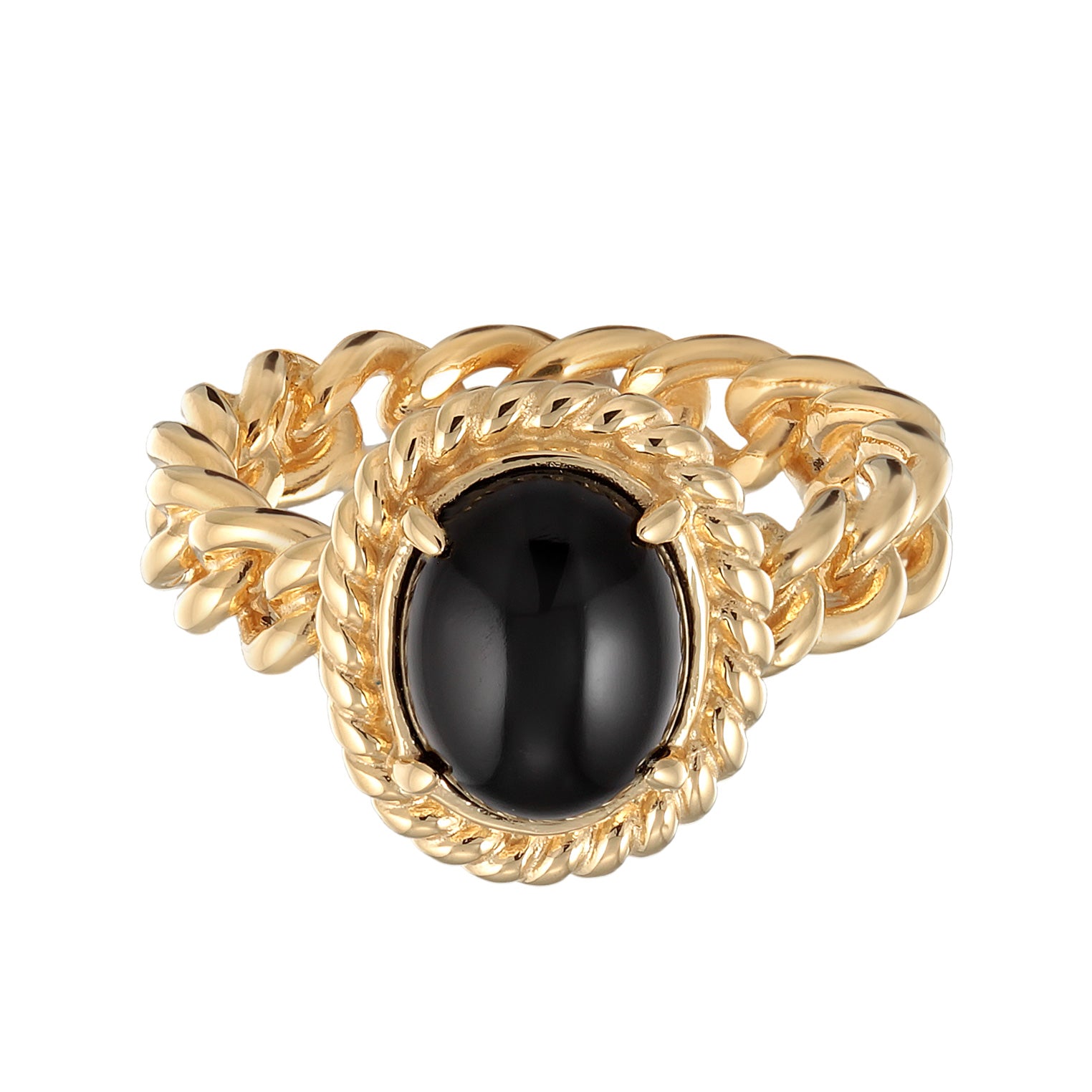 Gold - Elli PREMIUM | Solitär-Ring Chain Look | Onyx (Schwarz) | 925er Sterling Silber vergoldet