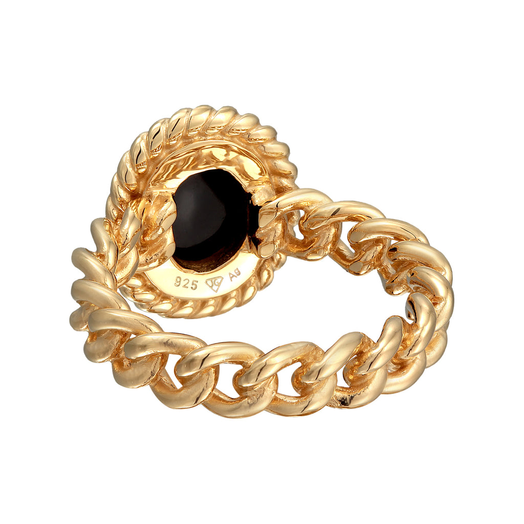 Gold - Elli PREMIUM | Solitär-Ring Chain Look | Onyx (Schwarz) | 925er Sterling Silber vergoldet