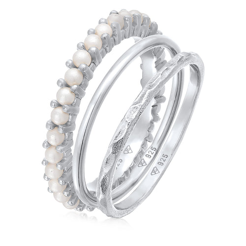 Silber - Elli | Stapelring 3er Set | Glasperlen | 925er Sterling Silber