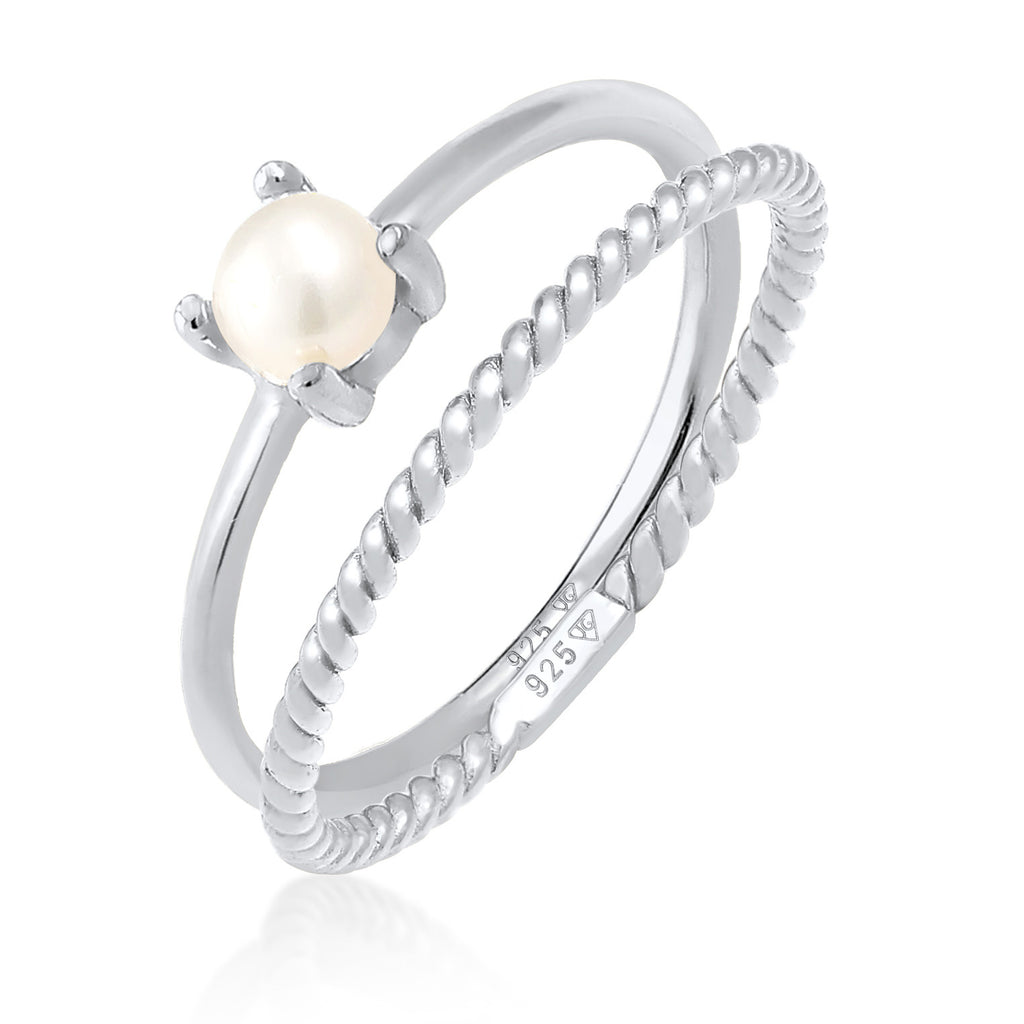 Silber - Elli PREMIUM | Stapelring 2er Set Twisted | Süßwasserperle | 925er Sterling Silber