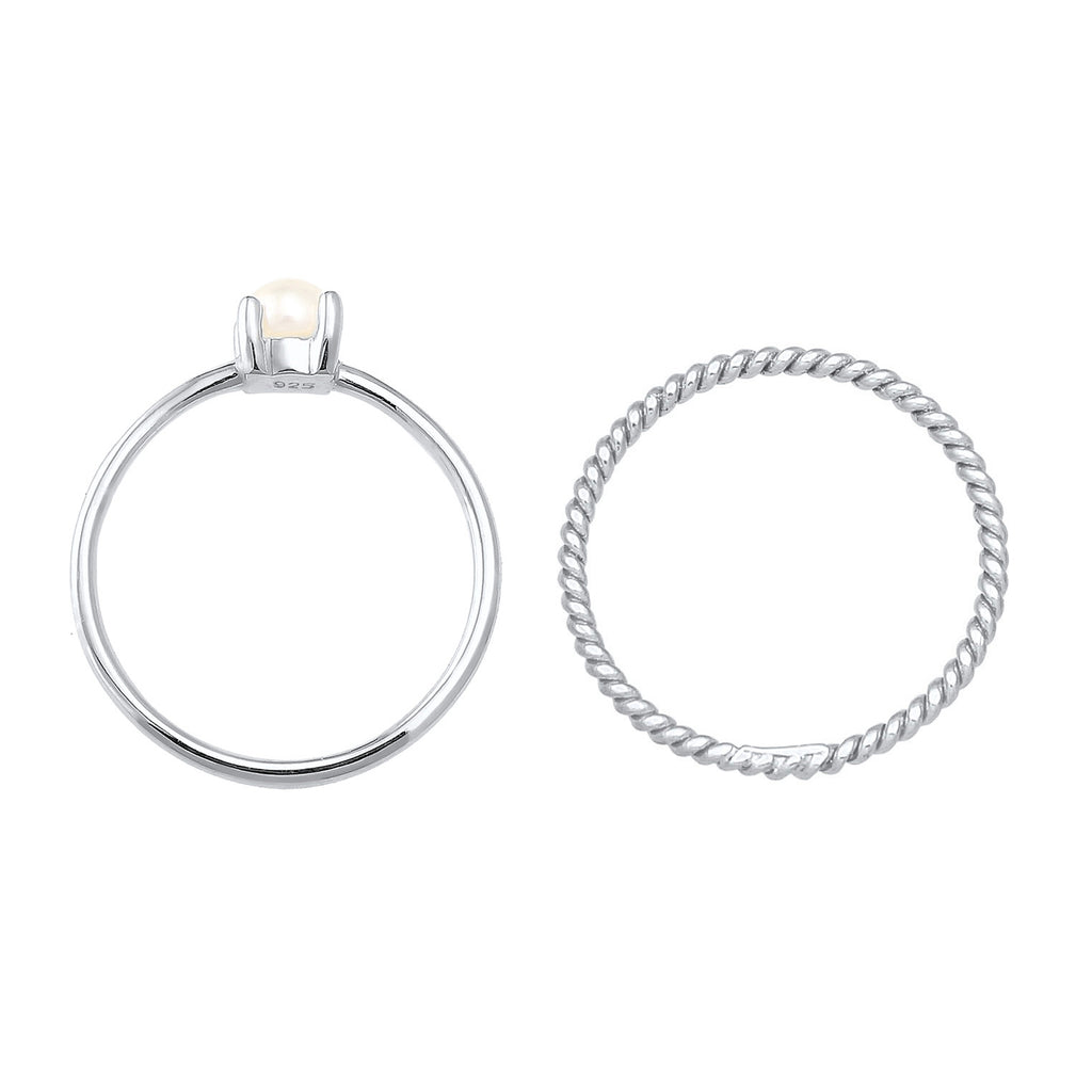 Silber - Elli PREMIUM | Stapelring 2er Set Twisted | Süßwasserperle | 925er Sterling Silber