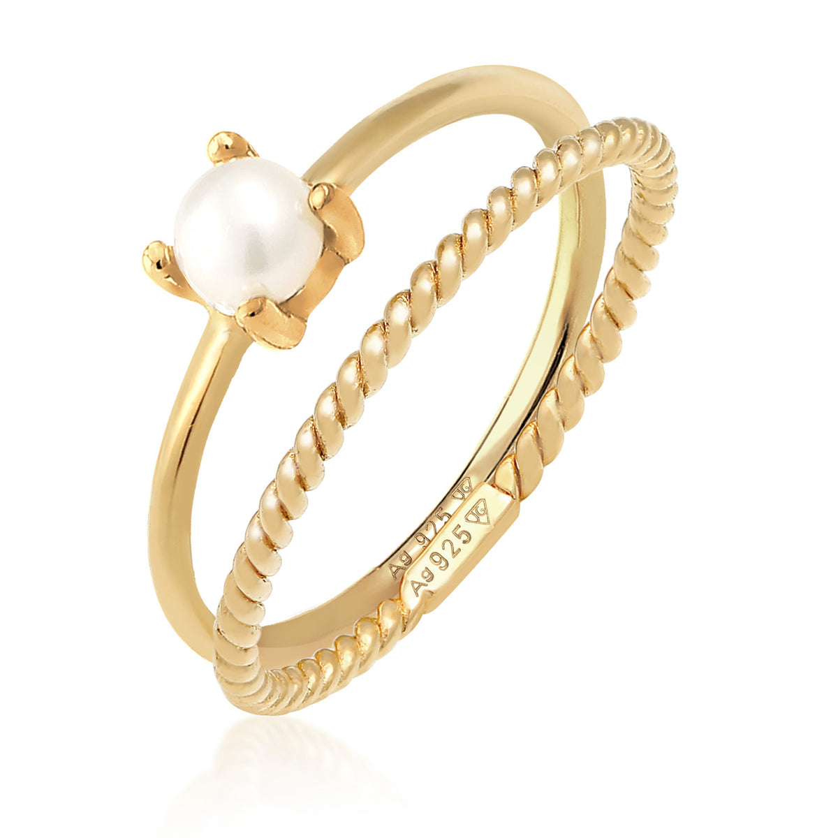 Gold - Elli PREMIUM | Stapelring 2er Set Twisted | Süßwasserperle | 925er Sterling Silber vergoldet