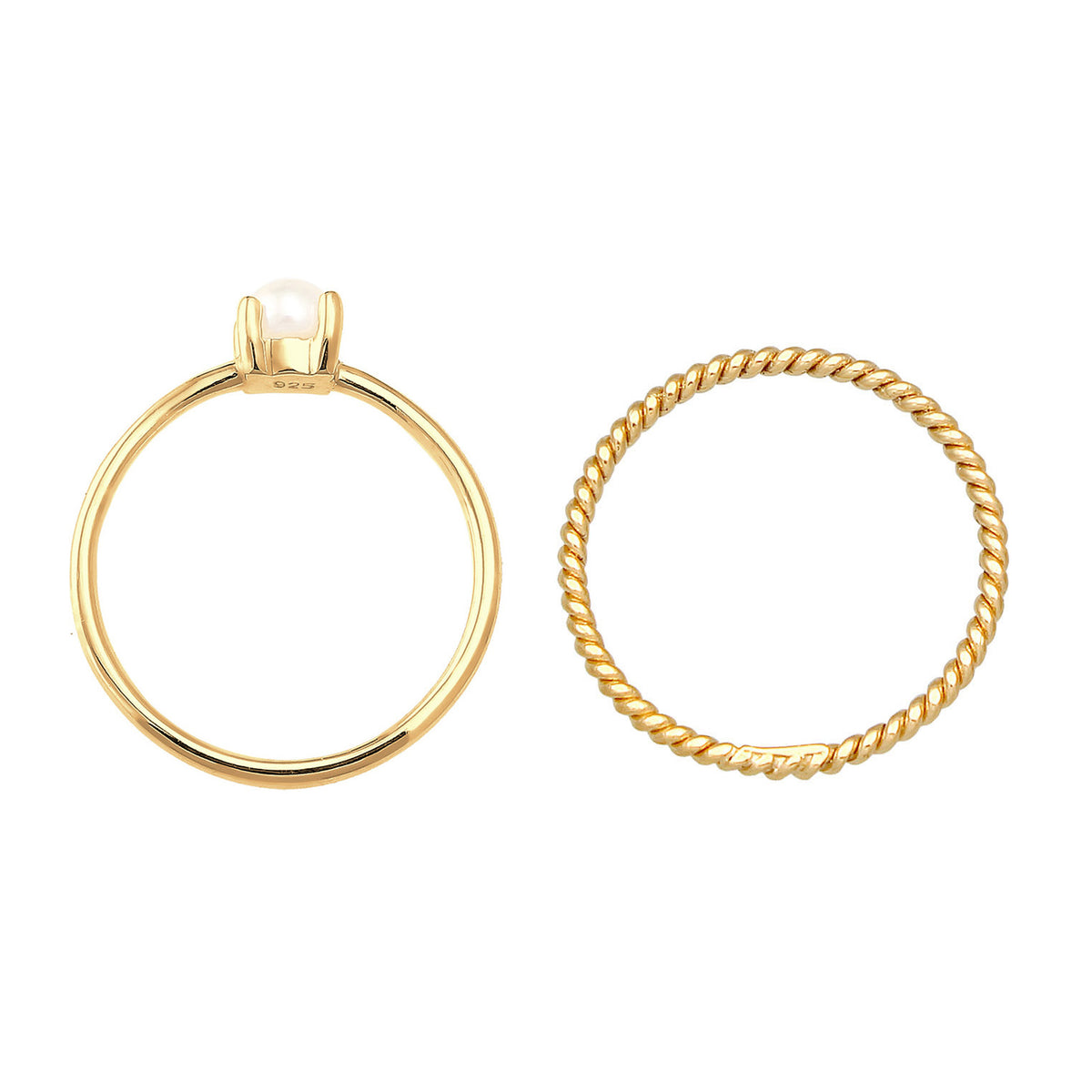 Gold - Elli PREMIUM | Stapelring 2er Set Twisted | Süßwasserperle | 925er Sterling Silber vergoldet