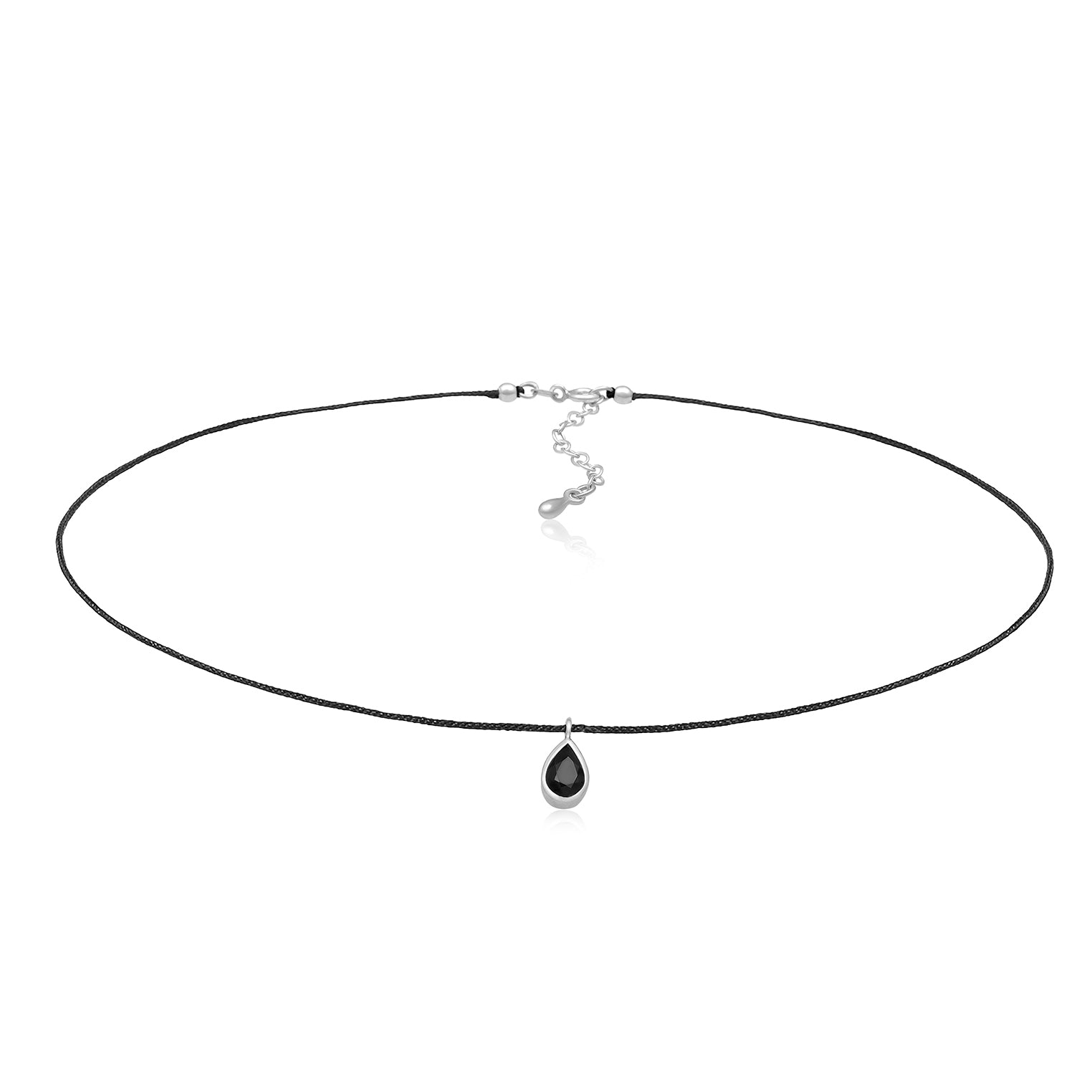 Silber - Elli | Choker Tropfen | Kristall (Schwarz), Nylon | 925er Sterling Silber