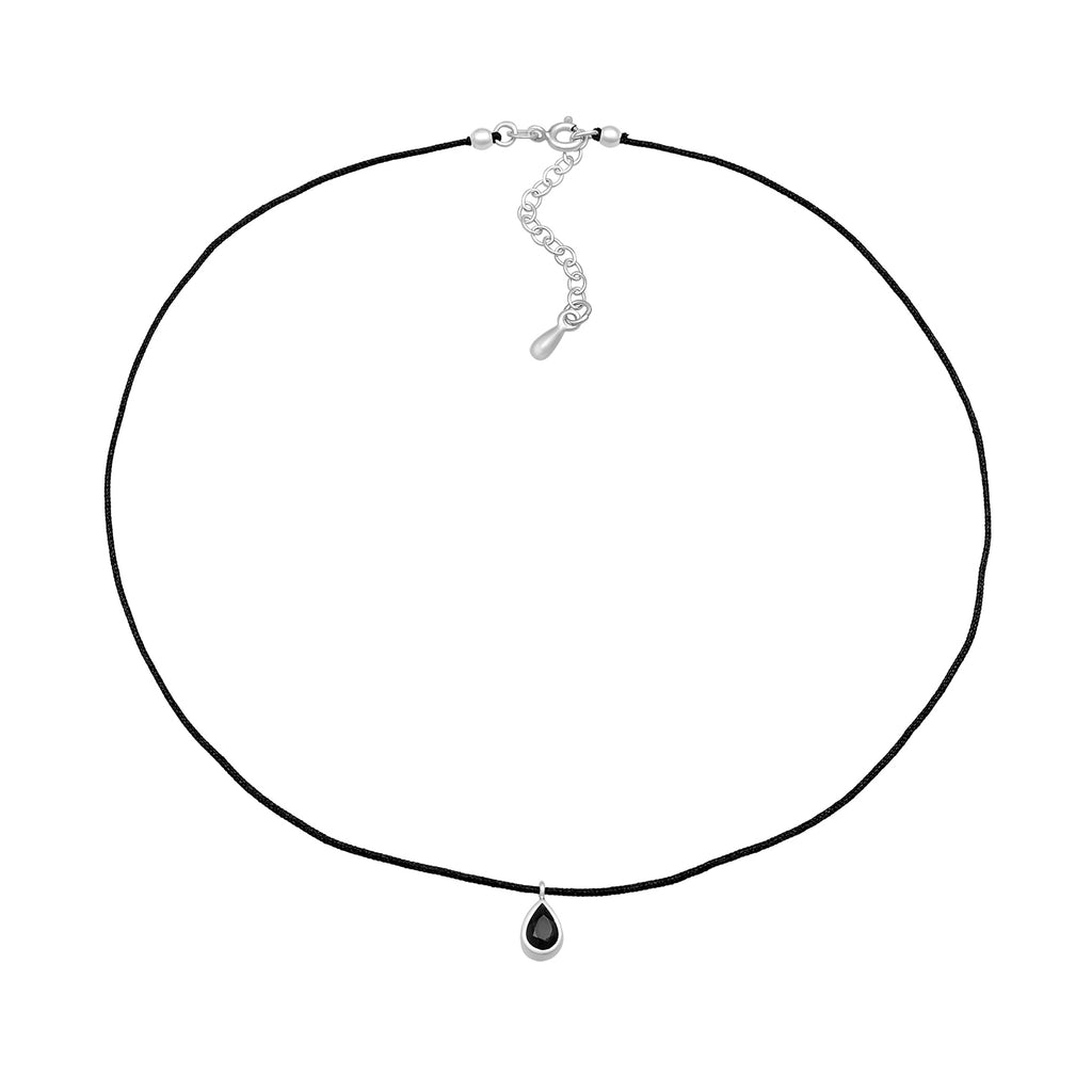 Silber - Elli | Choker Tropfen | Kristall (Schwarz), Nylon | 925er Sterling Silber