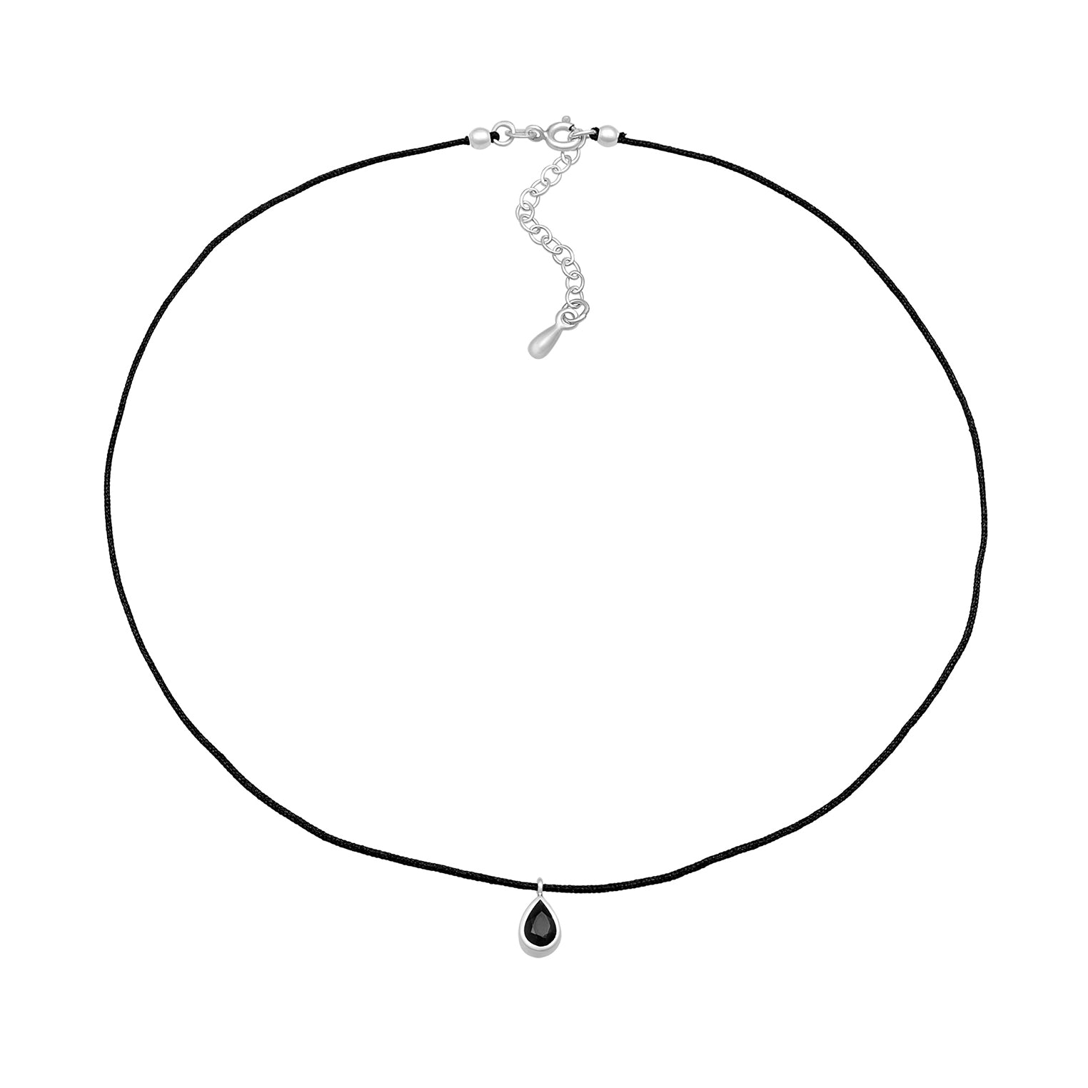 Silber - Elli | Choker Tropfen | Kristall (Schwarz), Nylon | 925er Sterling Silber