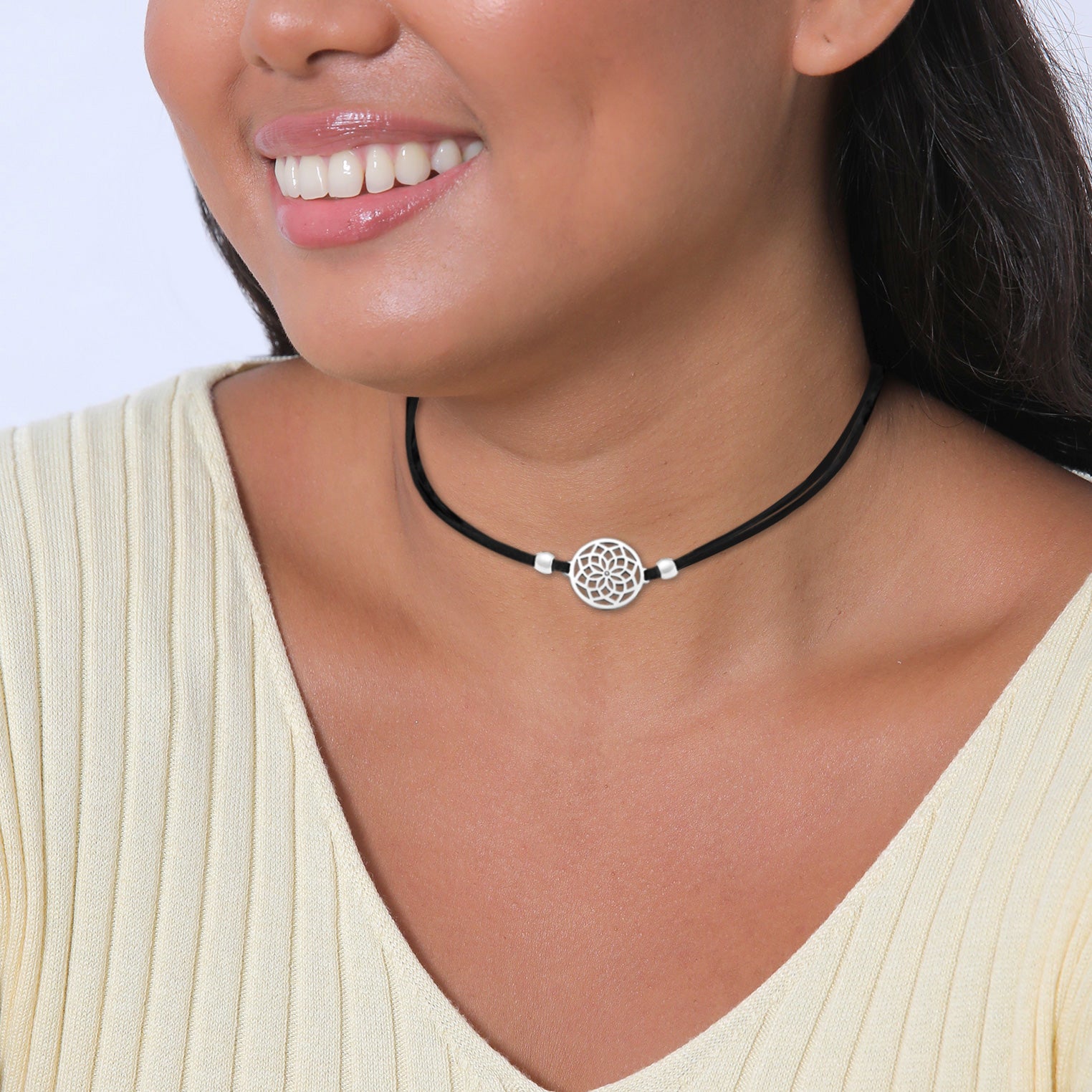 Silber - Elli | Choker Lebensblume | Textilband | 925er Sterling Silber