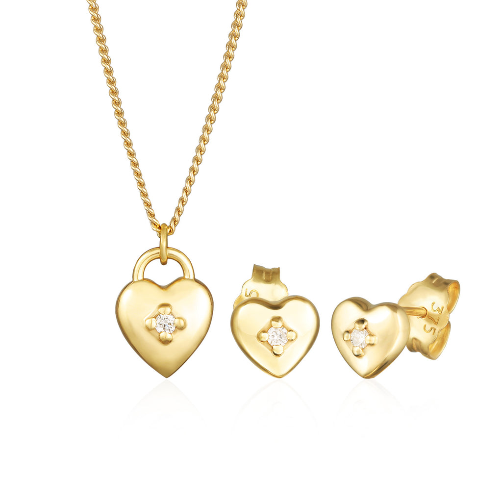 Gold - Elli DIAMONDS | Schmuckset Herz Solitär | Diamant (Weiß, 0.015 ct.) | 375er Gelbgold