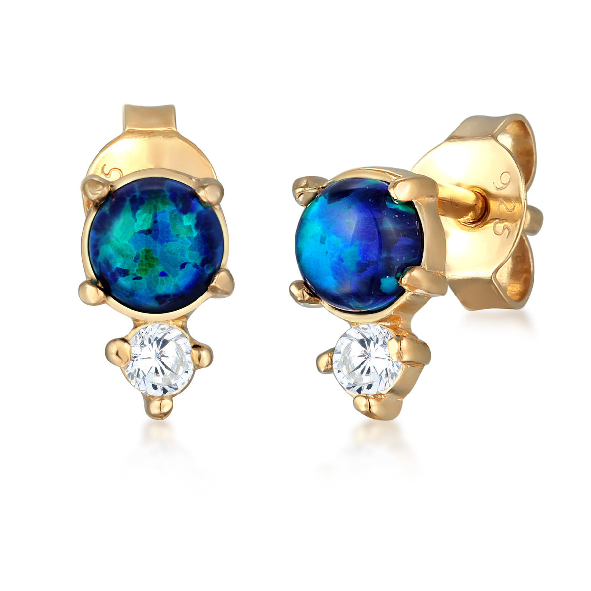 Blau - Elli | Ohrstecker Kreis | Opal ( Weiß ) | 925er Sterling Silber Vergoldet