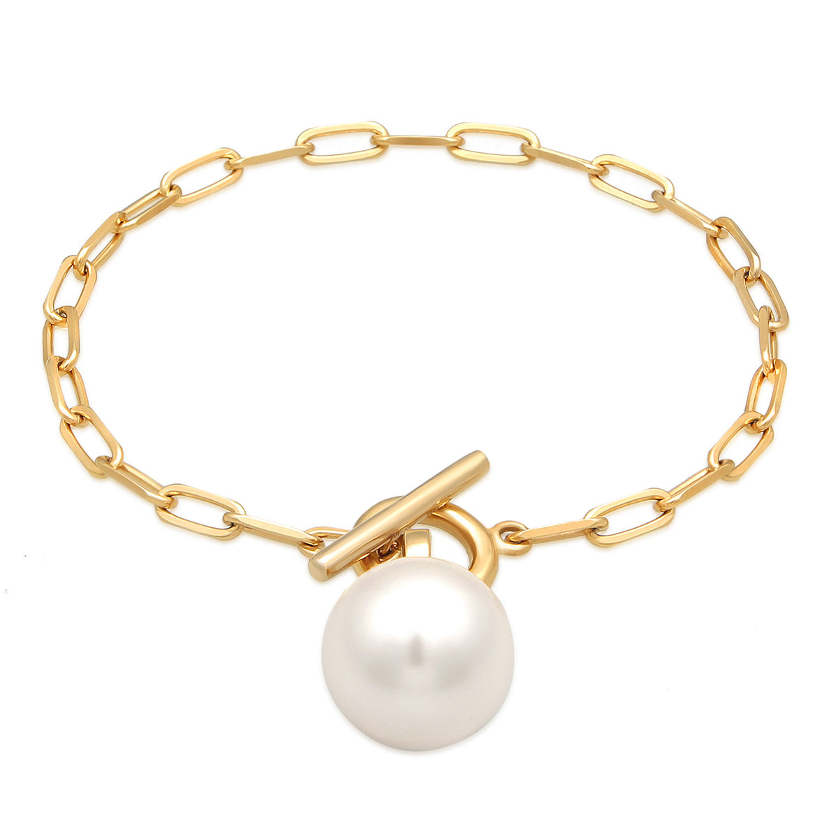 Gold - Elli | Glieder-Armband Knebelverschluss | synth. Perle | 925er Sterling Silber Vergoldet
