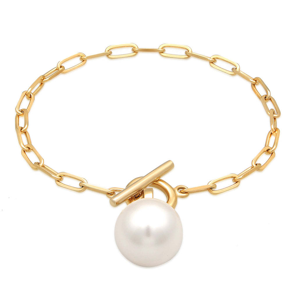 Gold - Elli | Glieder-Armband Knebelverschluss | synth. Perle | 925er Sterling Silber Vergoldet