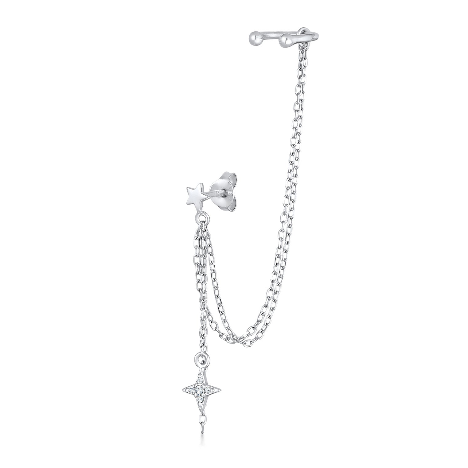 Silber - Elli | Ohrstecker Ear Chain Stern | Mit Kristallen von Swarovski® & Zirkonia (Weiß)| 925er Sterling Silber