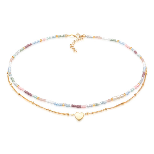 Gold - Elli | Layer-Choker Herz Beads | Süßwasserperlen | 925er Sterling Silber Vergoldet