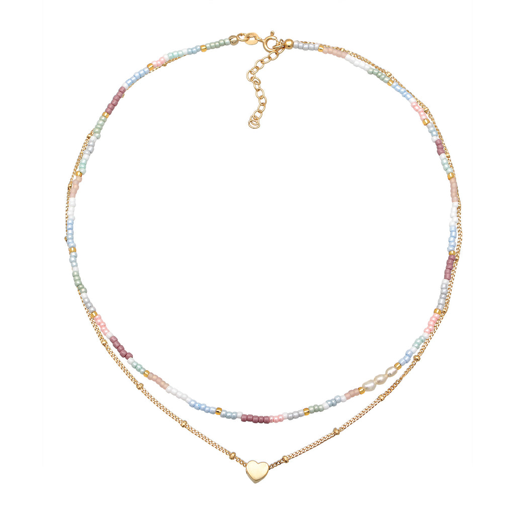 Gold - Elli | Layer-Choker Herz Beads | Süßwasserperlen | 925er Sterling Silber Vergoldet