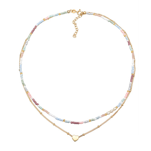 Gold - Elli | Layer-Choker Herz Beads | Süßwasserperlen | 925er Sterling Silber Vergoldet