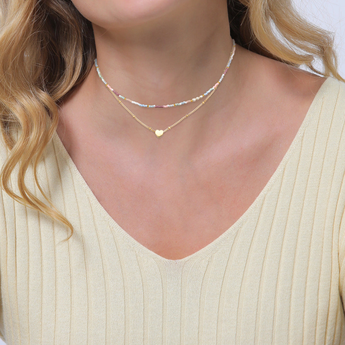Gold - Elli | Layer-Choker Herz Beads | Süßwasserperlen | 925er Sterling Silber Vergoldet