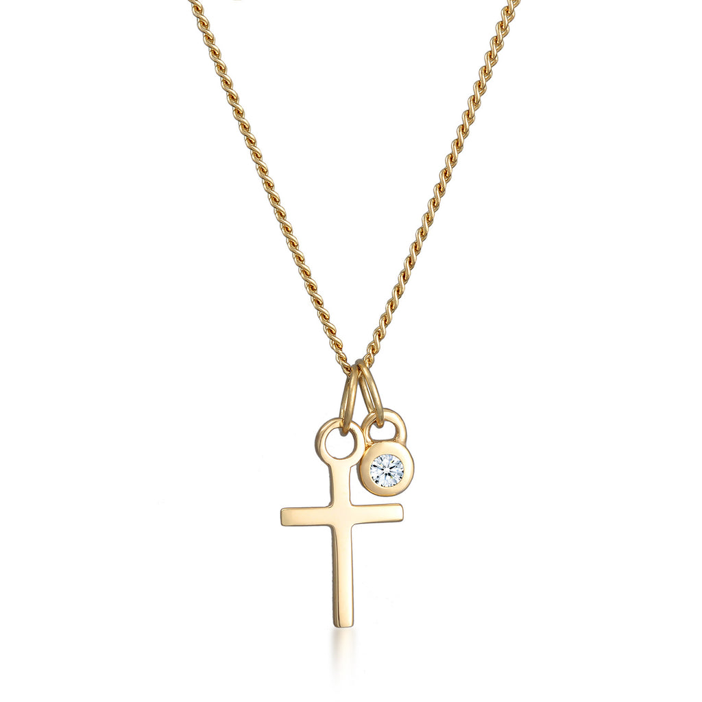 Gold - Elli DIAMONDS | Halskette Kreuz Anhänger | Diamant (Weiß, 0.03 ct.) | 585er Gelbgold