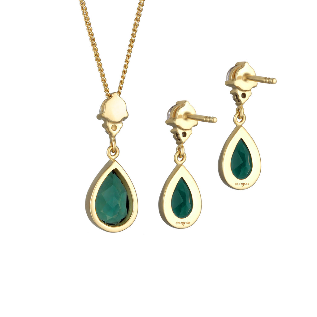 Grün - Elli PREMIUM | Schmuckset Tropfen | Quarz, Zirkonia (Grün, Weiß) | 925er Sterling Silber Vergoldet
