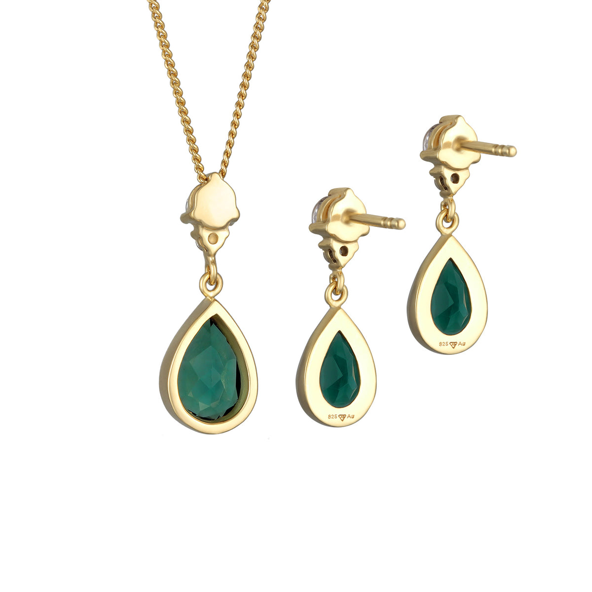 Grün - Elli PREMIUM | Schmuckset Tropfen | Quarz, Zirkonia (Grün, Weiß) | 925er Sterling Silber Vergoldet