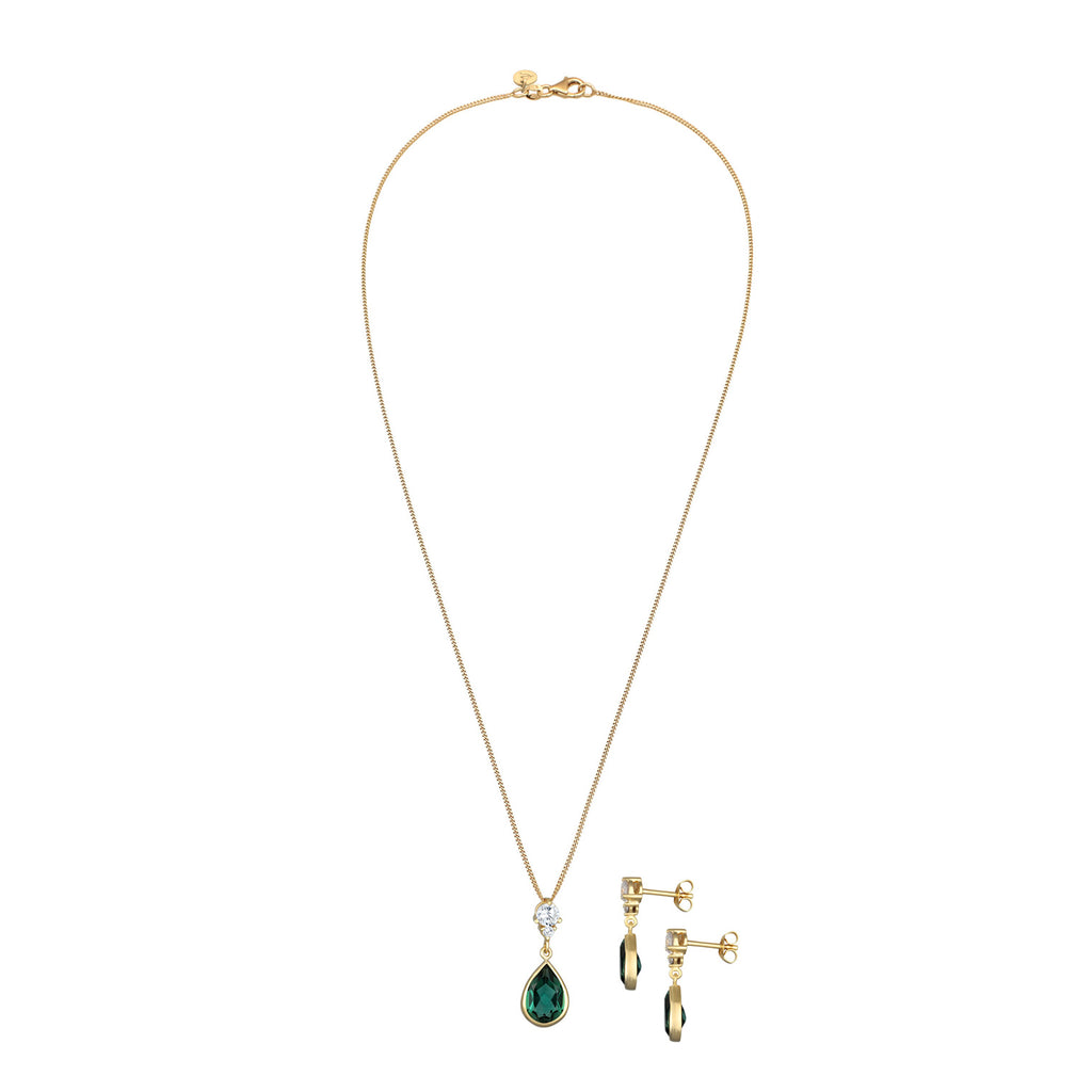 Grün - Elli PREMIUM | Schmuckset Tropfen | Quarz, Zirkonia (Grün, Weiß) | 925er Sterling Silber Vergoldet