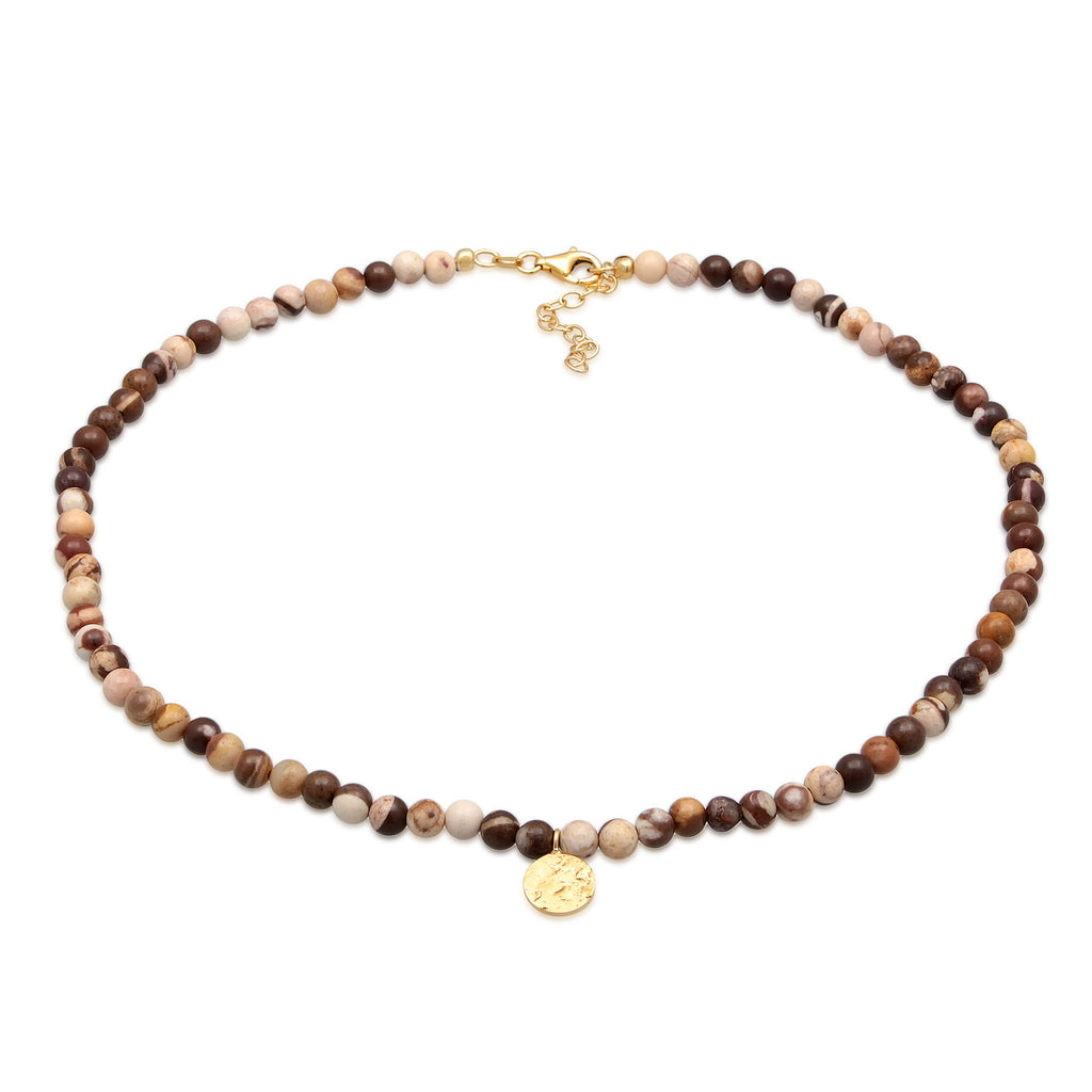 Braun - Elli PREMIUM | Halskette Plättchen Beads | Jasper Edelsteine | 925er Sterling Silber Vergoldet