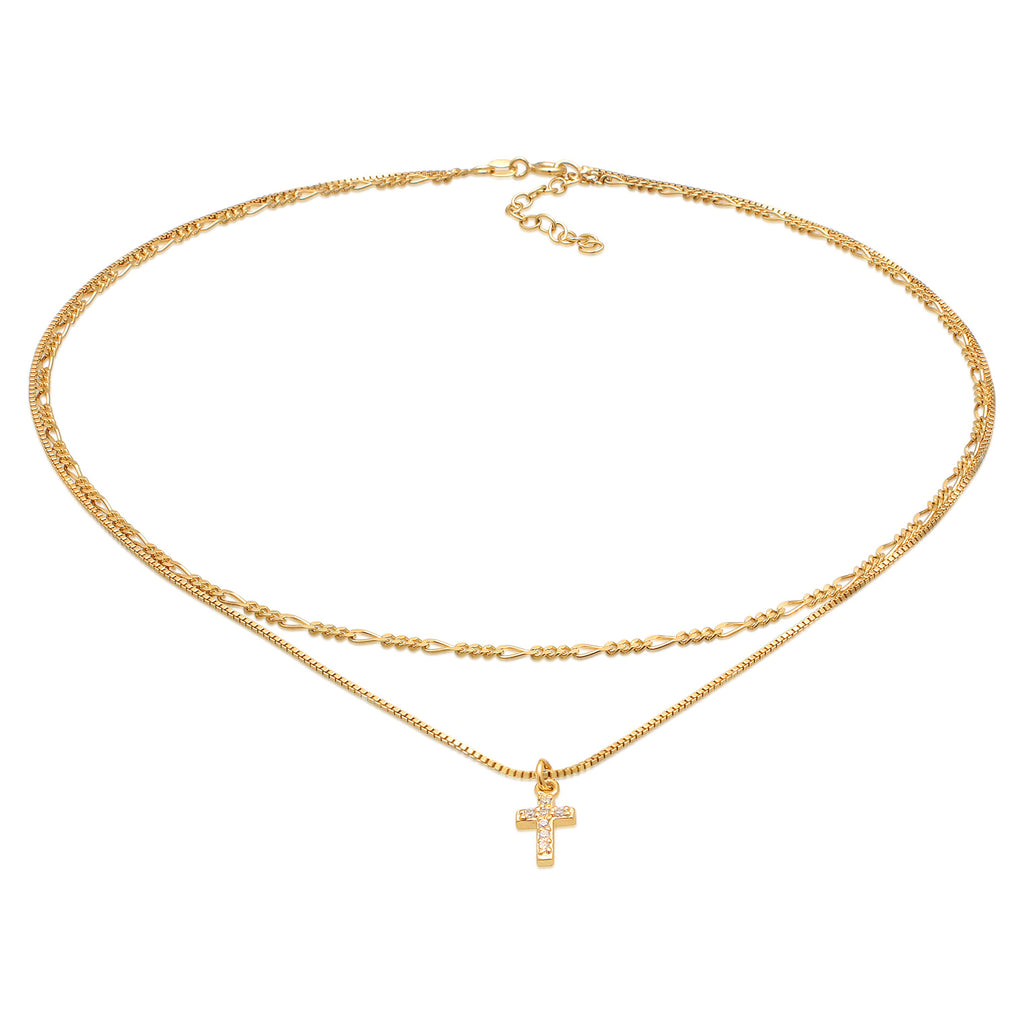 Gold - Elli | Choker Kreuz Anhänger | Zirkonia (Weiß) | 925er Sterling Silber Vergoldet