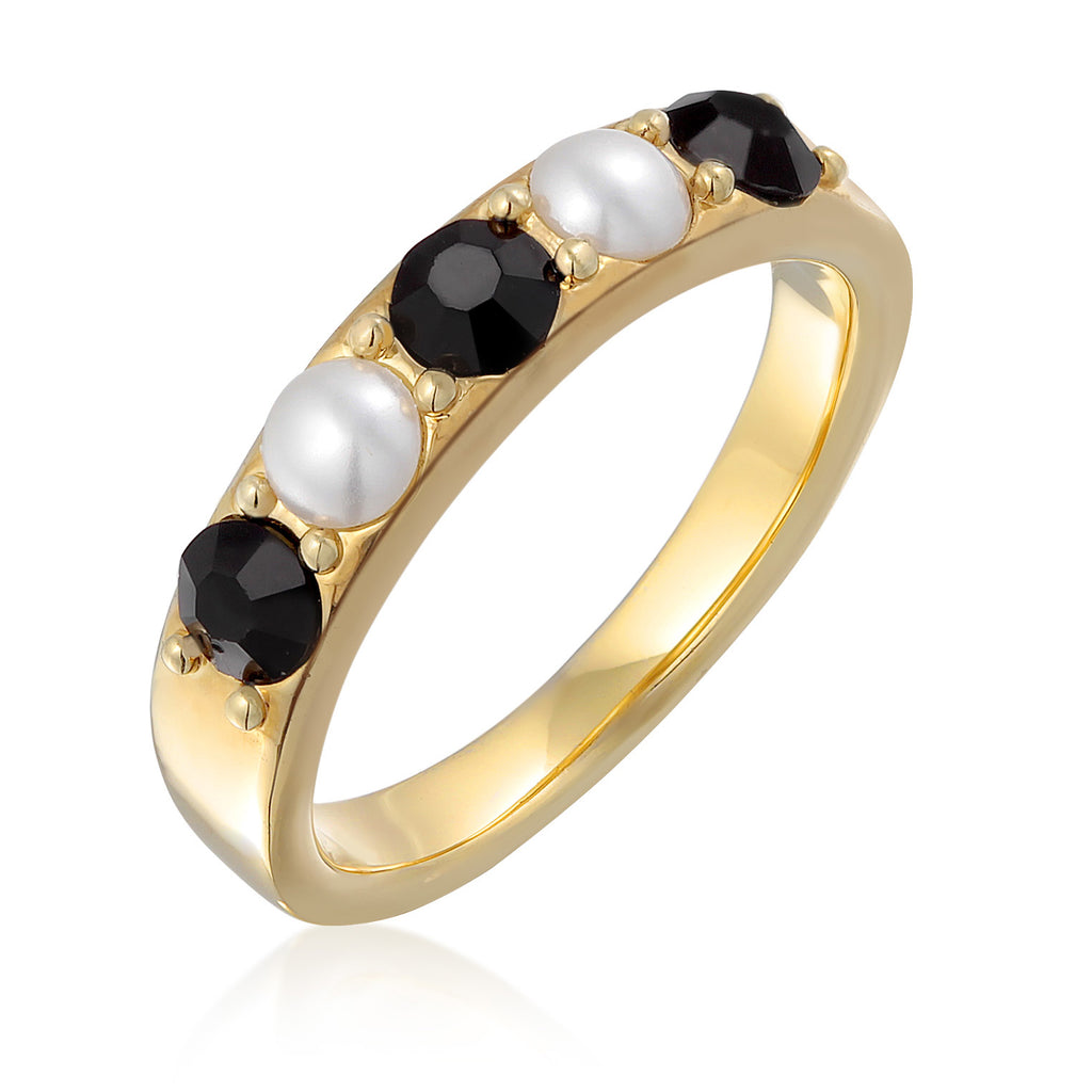 Gold - Elli | Bandring Schwarz-Weiß | Kristallperlen | Messing