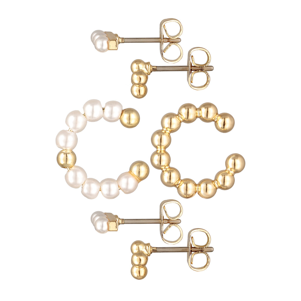 Gold - Elli | Ohrring-Set Kugeln | Glasperlen (Weiß) | Messing