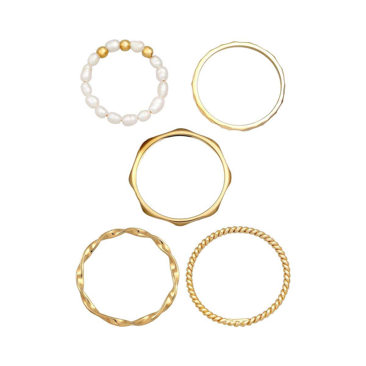 Gold - Elli | Ring 5er Set | Süßwasserzuchtperlen | 925er Sterling Silber