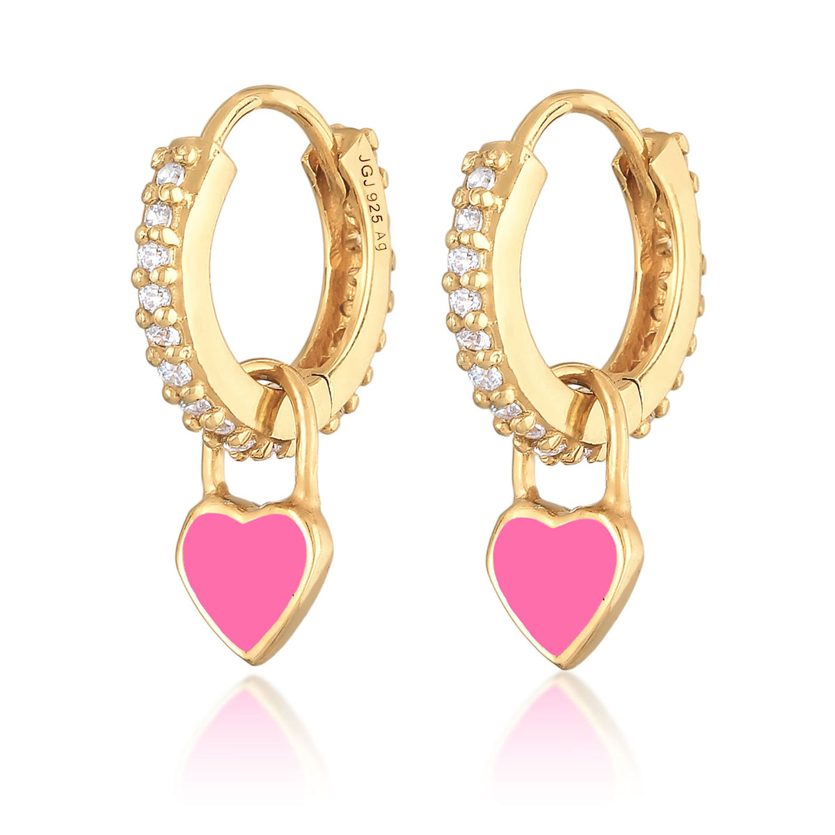 Pink - Elli | Ohrhänger Herz | Emaille, Zirkonia (Pink,Weiß) | 925er Sterling Silber Vergoldet